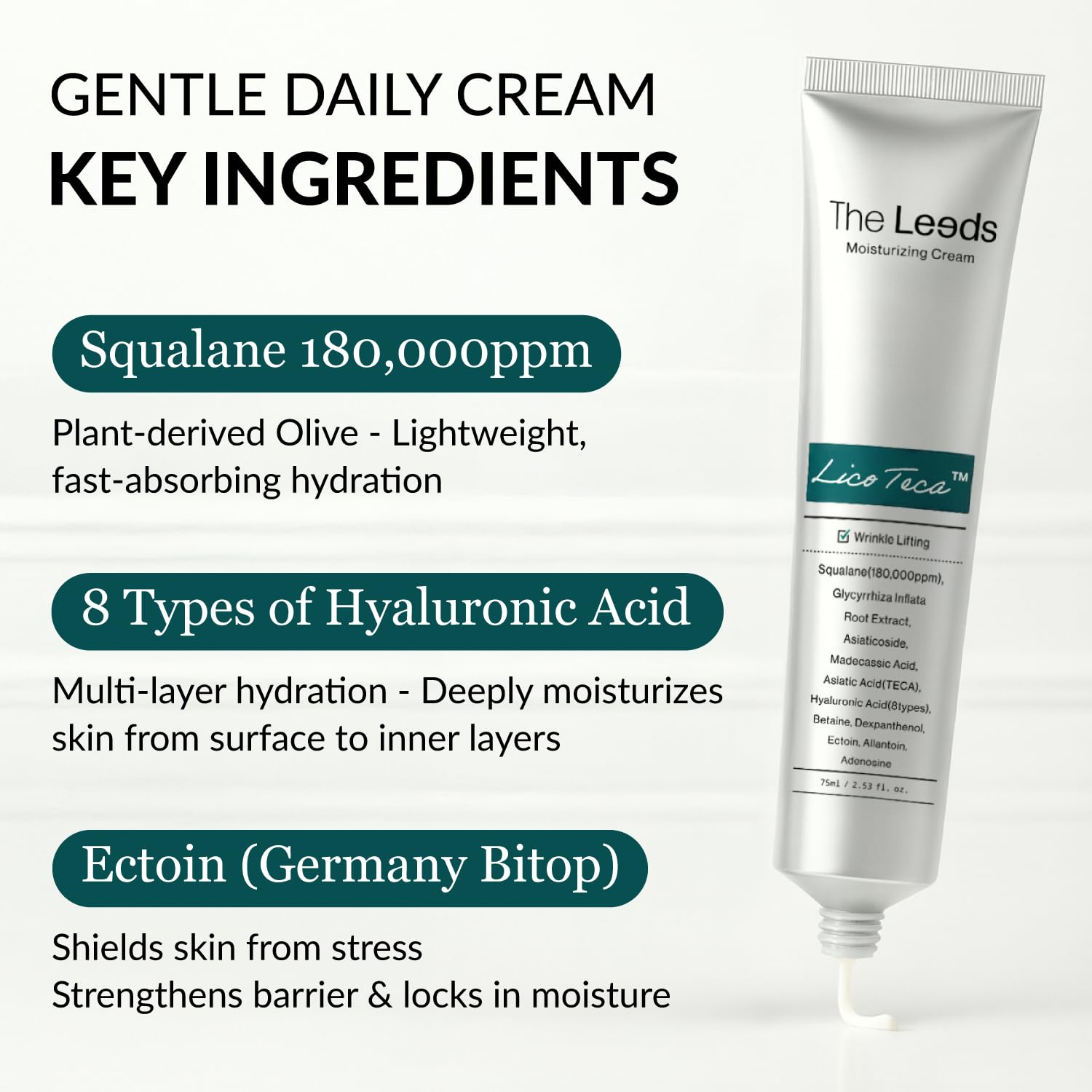 THELEEDS LicoTeca Moisturizing Cream 75ml(2.53 fl. oz.) | Korean Skincare Hydrating Facial Moisturizer for Sensitive & Dry Skin | Squalane 180,000ppm, Hyaluronic Acid, Ectoin, Dexpanthenol, Allantoin