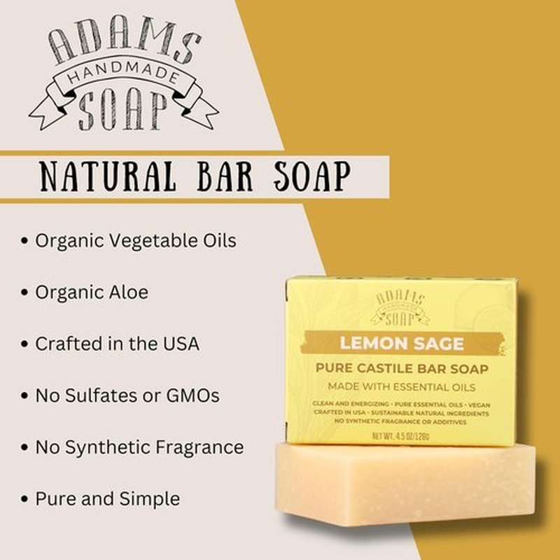 Adams Handmade Soap Lemon Sage Pure Castile Bar Soap – 4.5 oz | Vegan, Cold Process, Essential Oils, 84% Organic, Fair Trade, No Additives, USA Made