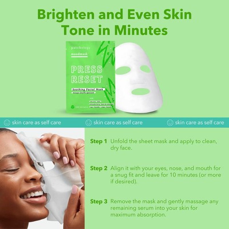 Patchology Press Reset Aloe Vera Face Mask - Moisturizing Facial Sheet Masks w/ Lavender & Vitamin B5 for Skin Relaxation & Revitalization - Ideal Skincare Solution for Sun-Exposed Skin (4 Count)
