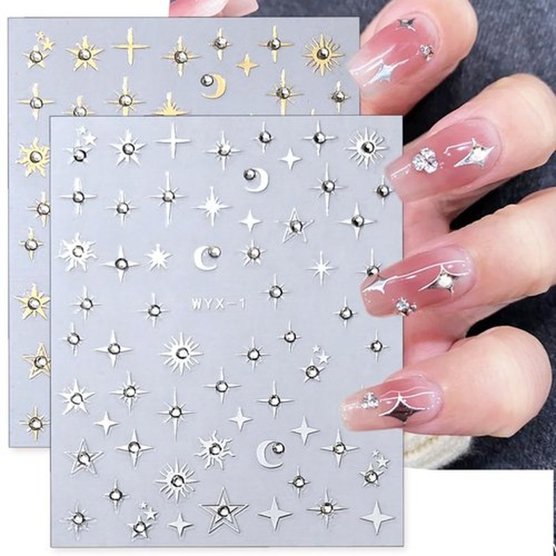 Shiny Moon Star Nail Stickers - 3D Glitter Crystal Nail Decals, Gold & Silver Nail Art Stickers, Self-Adhesive Luxury Rhinestones, Stars & Charms for DIY Nail Supplies
