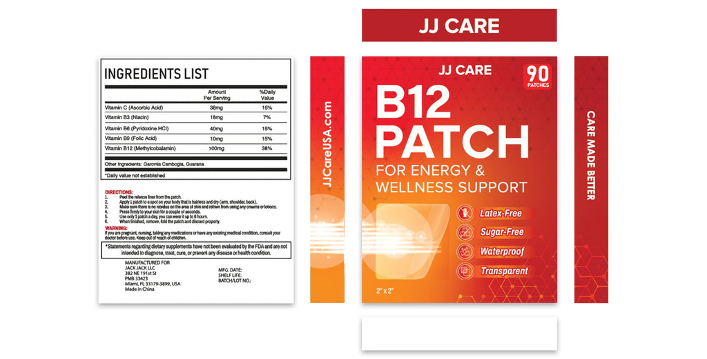 JJ CARE B12 Patch (Pack of 90), Self-Adhesive Natural Blend Topical Daily B12 Energy Patches, 3 Months Supply