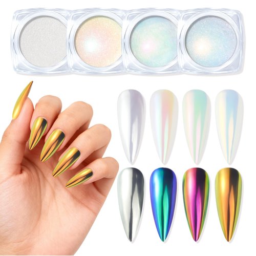 Chrome Nail Powder Kit - 4 Jar Mirror Effect Metallic Holographic Aurora Mermaid Pigment Chrome Powder for Nail Decoration, Nail Art, and Resin Crafts (0.8 g)