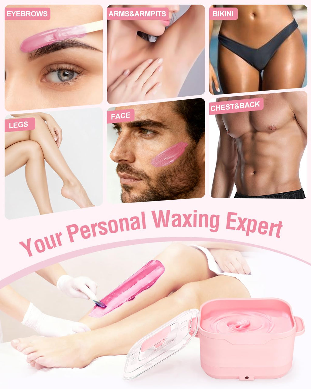 Waxing Kit, Silicone Wax Warmer with 4 Packs Hard Wax Beads, Protable Hot Wax Machine Pot for Full Body, Face, Eyebrows, Legs, Bikini, At Home Hair Removal Kit with 15 Accessories for Women Men, Pink