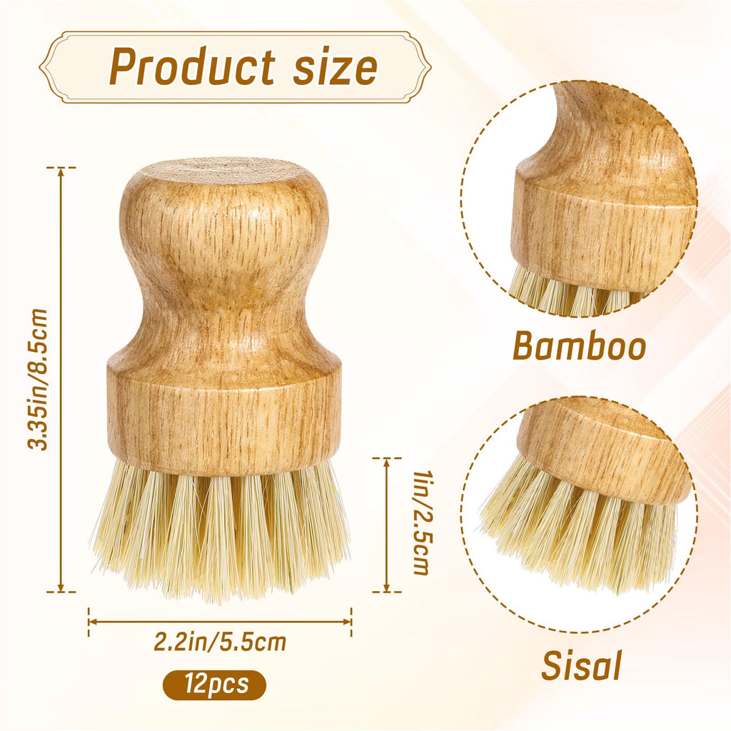12 Pcs Bamboo Dish Scrub Brushes Kitchen Dishwashing Cleaning Brush Wooden Scrubbers Set Sisal Bristles Cleaner Scrubber for Washing Cast Iron Pan Pot Sink Spatula