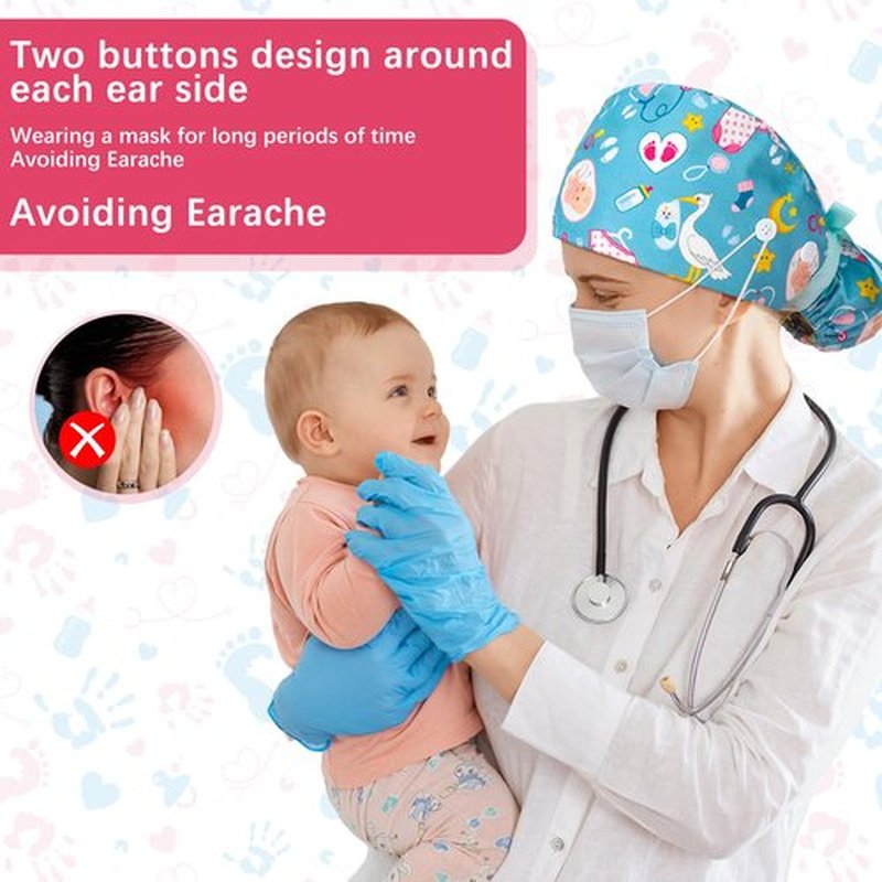 Jamntower 6 Pcs Labor and Delivery Scrub Caps with Sweatband Buttons Nursing Surgical Ponytail Bouffant Cap for Women Footprints Babies in Utero Pattern Adjustable Hat for Long Hair Midwife Obstetrics