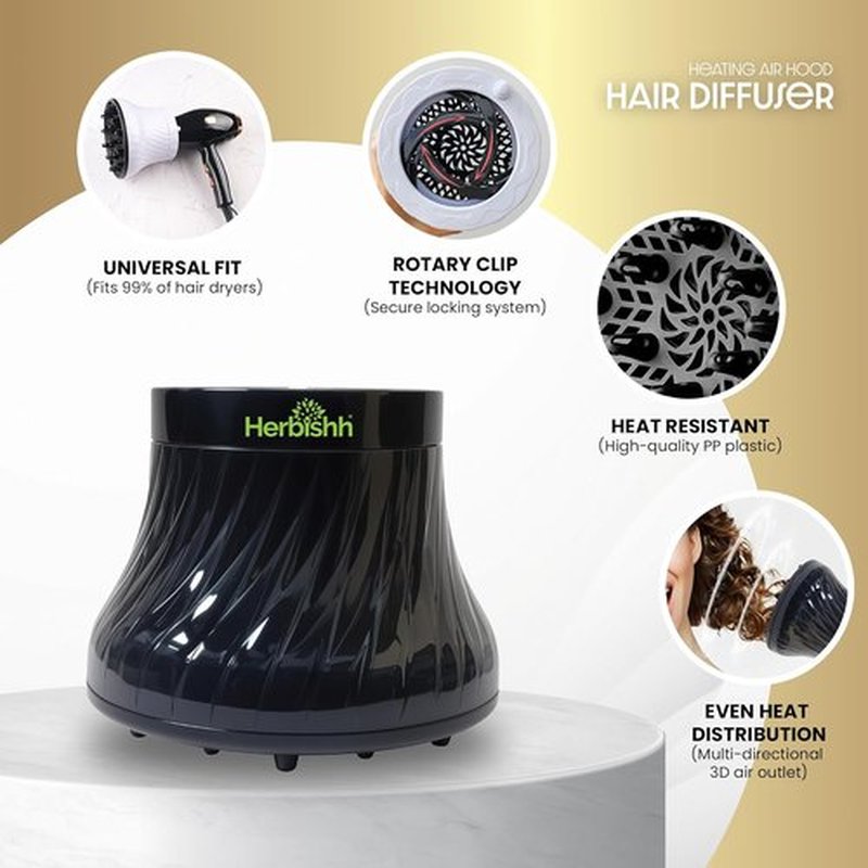 Herbishh Hair Dryer Diffuser - Universal Fit for Curly & Wavy Hair - Reduces Frizz & Adds Volume - Adjustable 3.5 to 8 cm (Black)