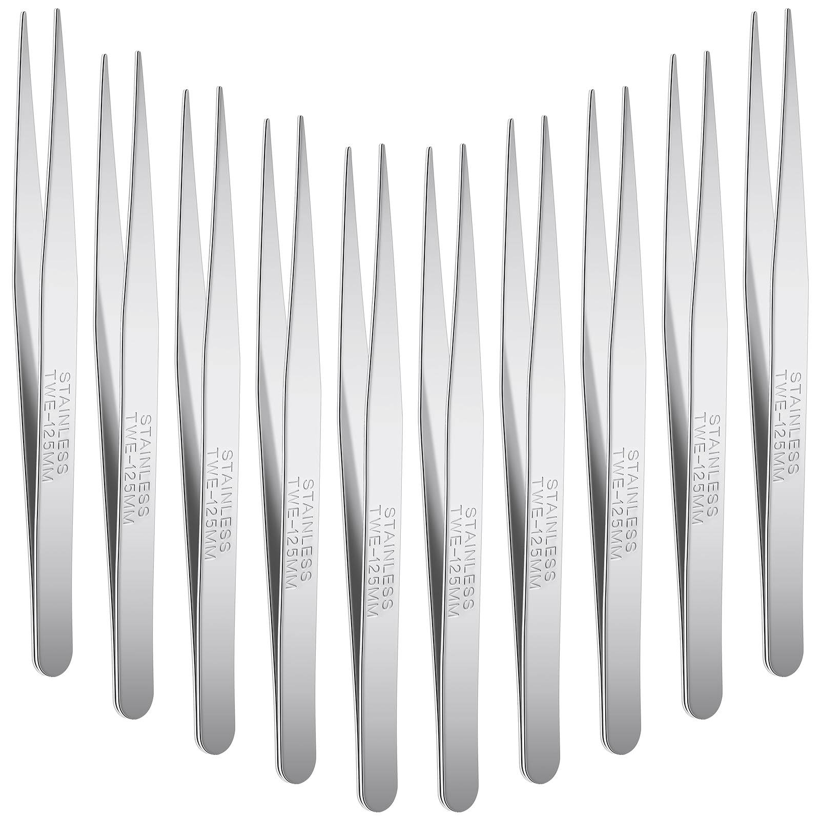 WILLBOND 10 Pcs Stainless Steel Tweezers Lab Forceps Long Tweezers with Flat Round Tip Hair Removal Tweezer Garden Tweezer Serrated Tip Straight 5 Inch for Plants, Craft, Electrical Repair