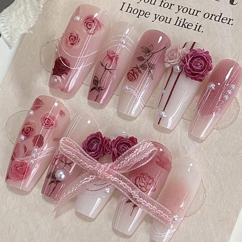 Coffin Shaped Luxury Press on Nails - Retro Rose Valentine | Ballerina Artificial False Nails, Glossy Pink Fake Nails with 3D Flowers, Salon Quality Reusable Nails Kit (Size M)