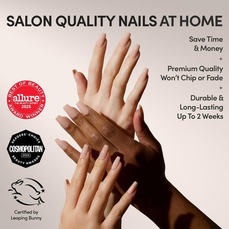 Glamnetic Press On Nails - Exposed | Medium Coffin Fake Nails with Nude Opaque Neutral, Salon Quality | 15 Sizes - 30 Nail Kit