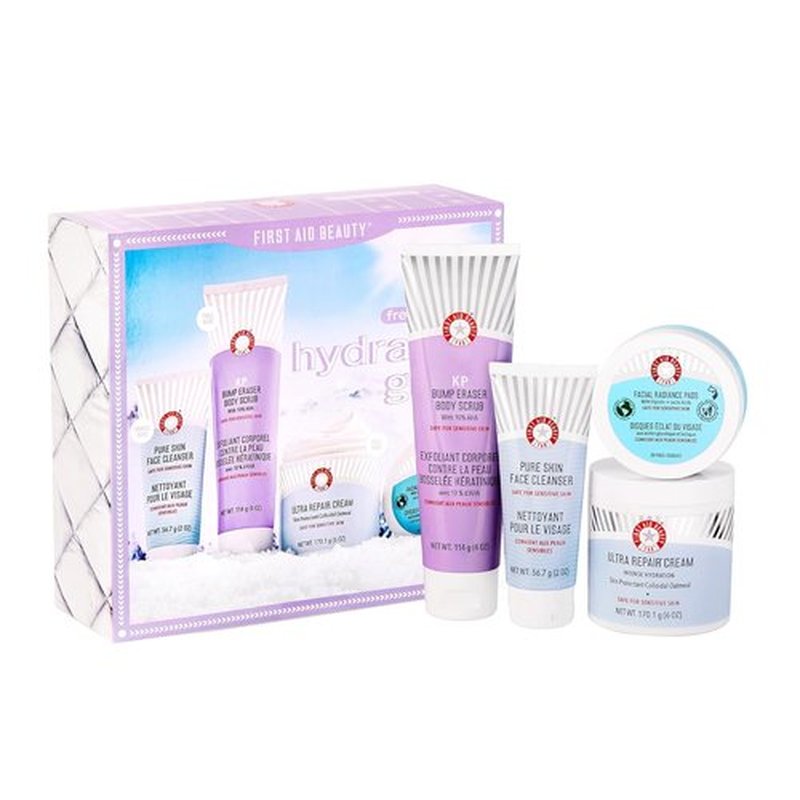 First Aid Beauty - Hydrated Glow Kit | Exfoliating Body Scrub, Facial Pads & Ultra Repair Cream, 4ct