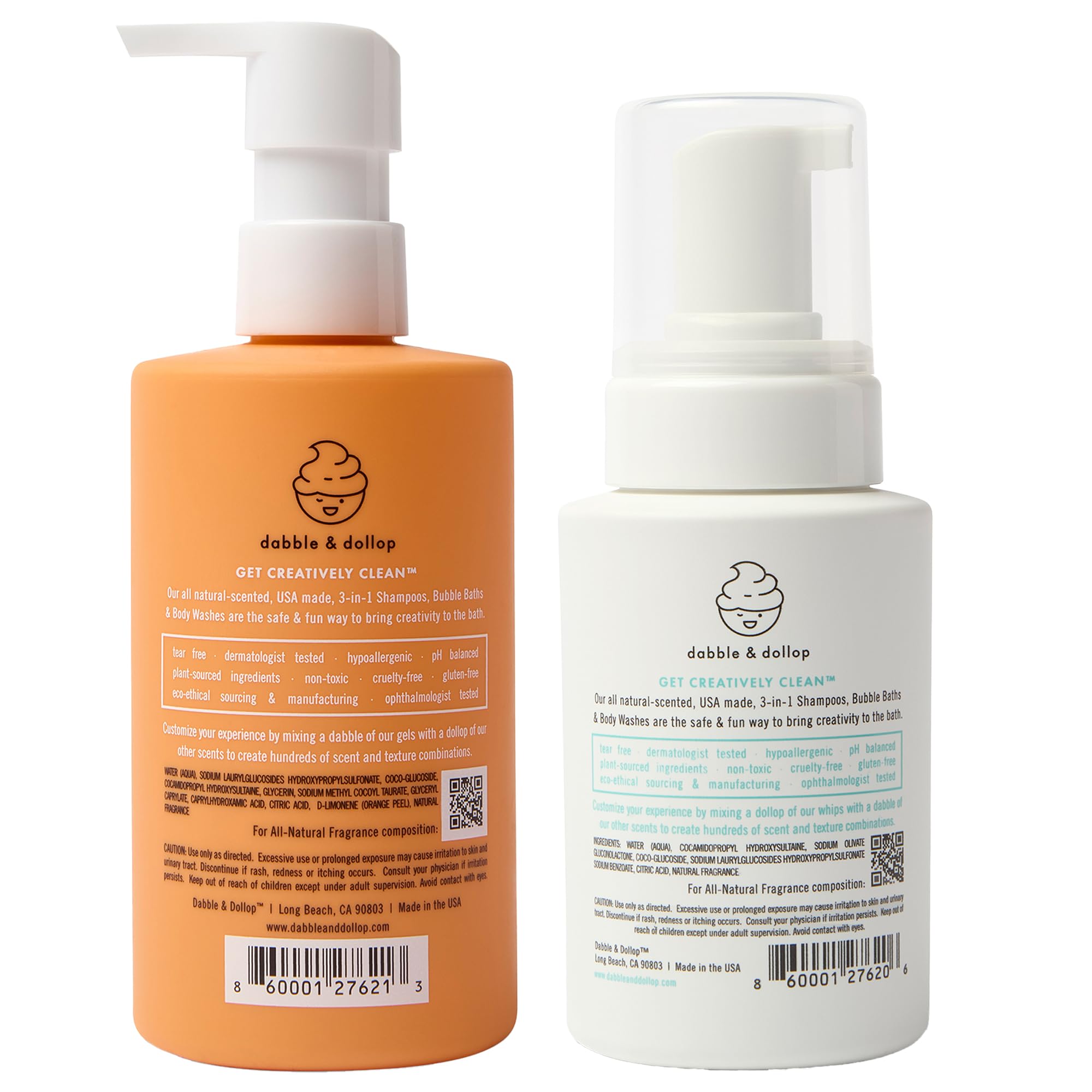 Dabble & Dollop Tangerine + Vanilla Kids 3-in-1 Body Wash, Shampoo & Bubble Bath Bundle – Gel + Foam Whip Set, Tear-Free, Gentle, Natural-Origin, Hypoallergenic and Safe for Sensitive Skin (Pack of 2)