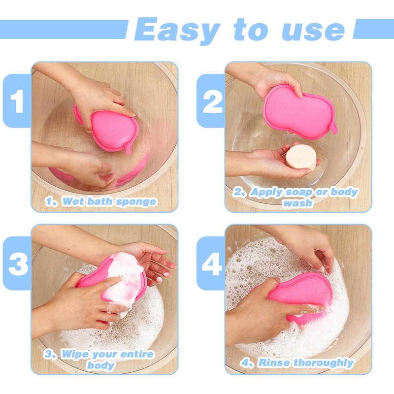 2Pcs Soft Bath Sponge, Cotton Shower Sponge Absorbent Gentleness Exfoliating Body Scrubber Shower Skin Friendly Comfort Bathing Tool for Men Women All Skin Type (Blue,Pink)