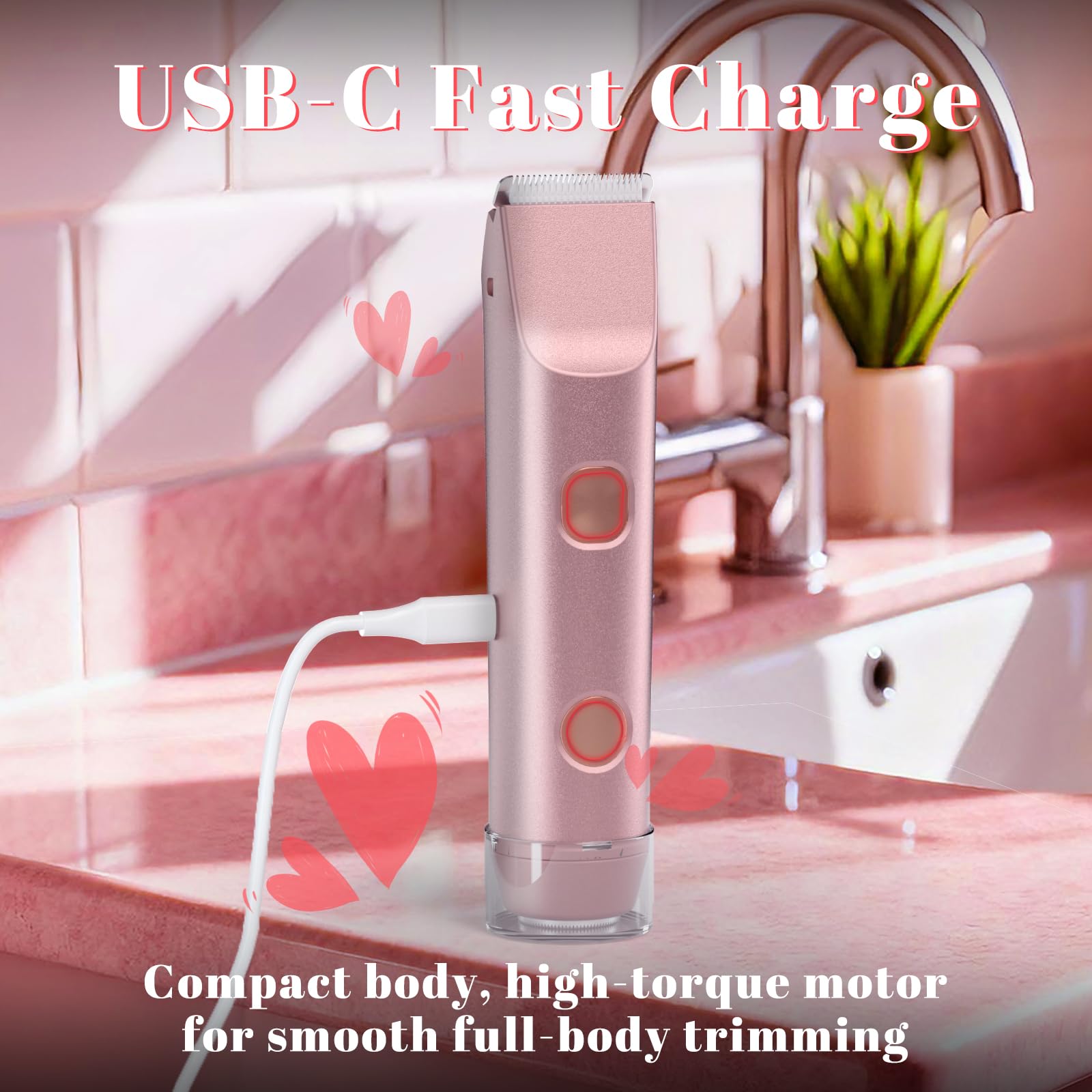 Fanovae Bikini Trimmer for Women – Dual-Head Electric Razor, IP67 Waterproof USB-C Rechargeable Shaver for Bikini Line, Underarms, Legs & Face, Rose Gold Stocking Stuffer Holiday Gift