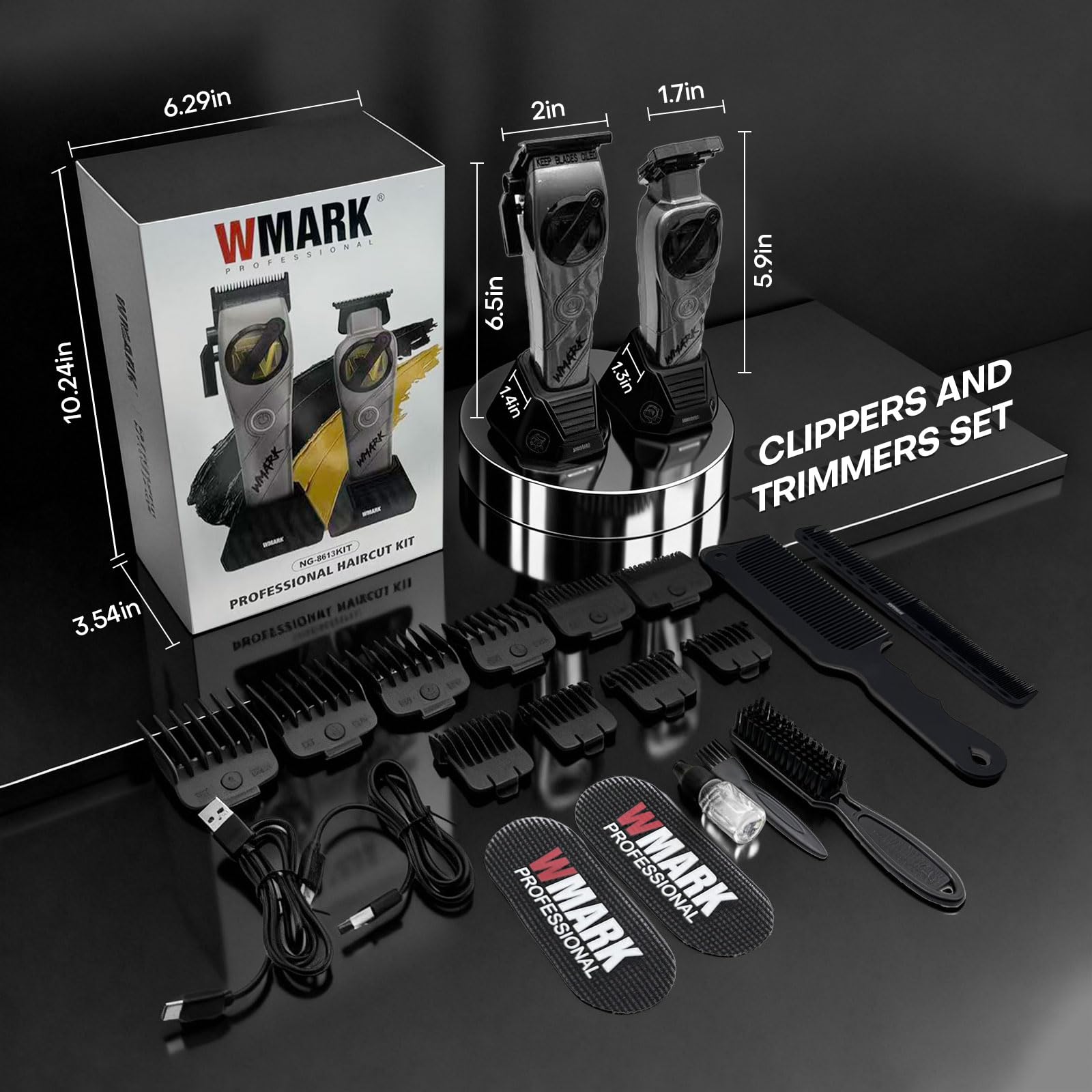 WMARK Hair Clippers for Men Professional Barber Clippers and Trimmers Set Cordless Hair Clippers for Hair Cutting, High Speed, Rechargeable, Powder Metallurgy DLC Ceramic Fade NG-8613 KIT (Gray)