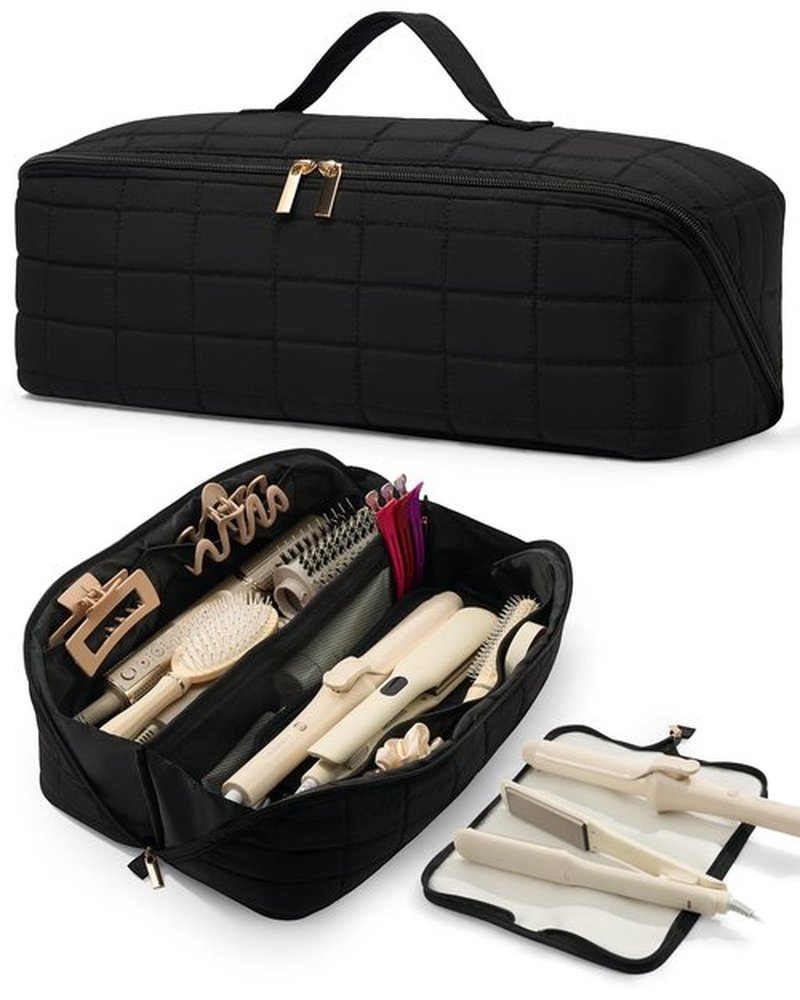 Noldena Hot Tools Travel Case with Heat Resistant Mat Pouch, Large Hair Tool Organizer Bag for Curling Iron Flat Iron Hair Dryer Hot Air Brush, Water Resistant Makeup Bag Gift for Women, Black