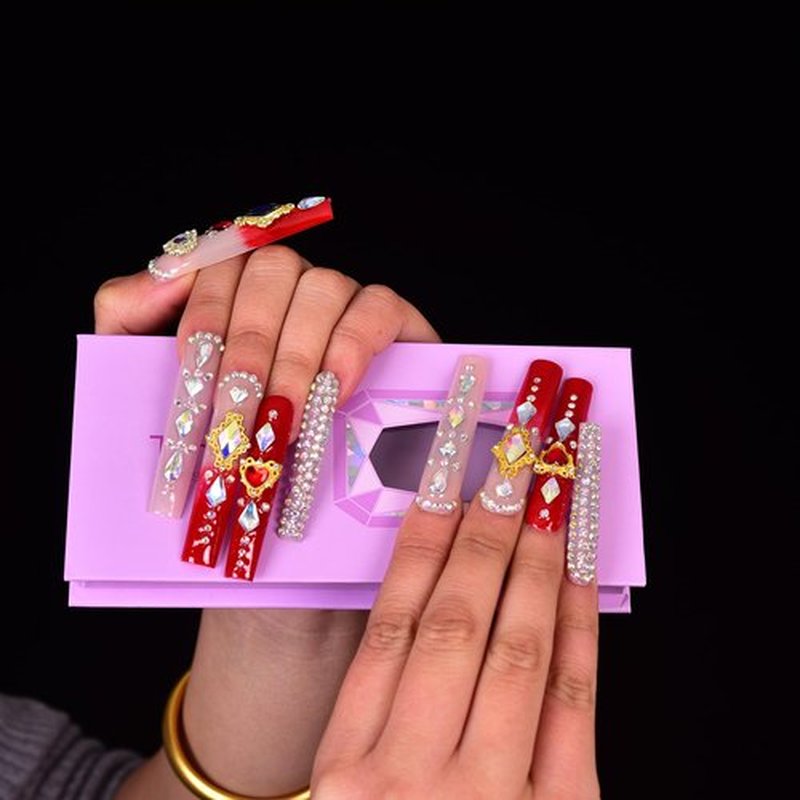 Tmani 10pc/set Extra Long Handmade Press On Nail Hot Girl's Long Ballet Square Nail Full of Diamond Glitter Decoration Fake Nails Suitable For Girls Festival Parties and Birthday Gift（439,Size-S)