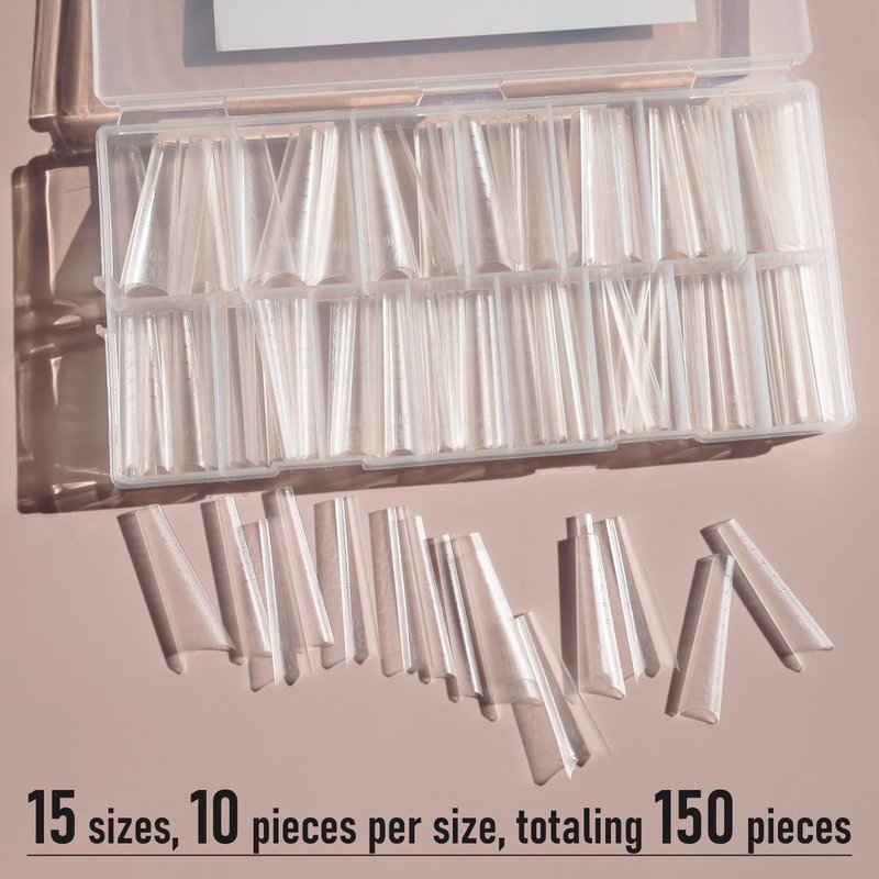 Wellquinn 5cm Shallow Cover Nail Tips, D-Arc at the Stress Area, C-Arc Sculpted, Straight Coffin Shape, Can be Filed into Almond Shape, 150Pcs 15 Sizes with Auxiliary Lines
