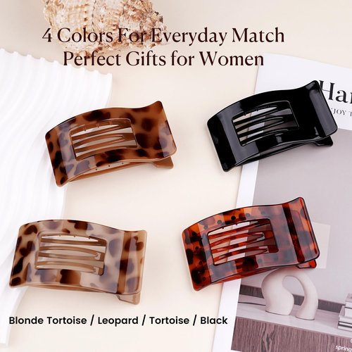 4 PCS Flat Hair Clips - French Rectangle Lay Down Claw Clips for Women Girls, Strong Hold Square Hair Accessories for Thick Thin Hair, Comfortable Curved Design for Lying, Driving and More (Tortoise)