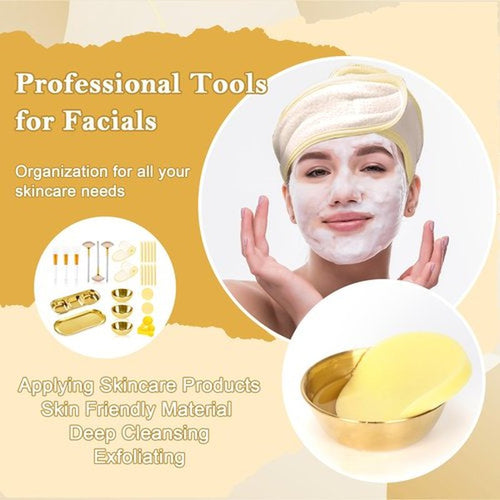 28 Gold Facial Supplies 3 Facial Mask Mixing Bowls 3 Facial Fan Brushes 3 Mask Applicator Brushes 3 Mask Measuring Spoons Skincare Tray 3-Compartment Serving Tray 12 Facial Sponges 2 Spa Headbands