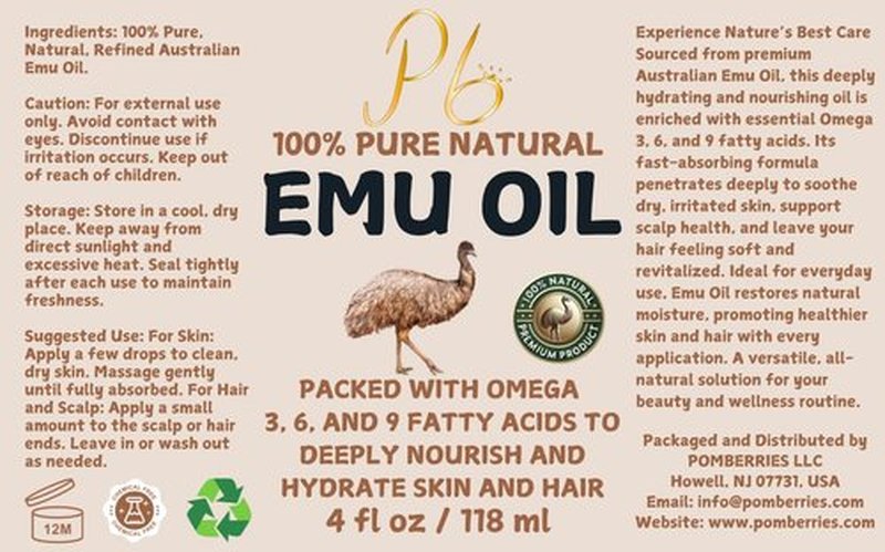 Pomberries Emu Oil, 100% Pure Australian Emu Oil – Refined & Unscented – Natural Moisturizer for Hair, Skin, Face & Body – Helps with Scars, Dry Skin & Massage – 4 fl oz Glass Bottle