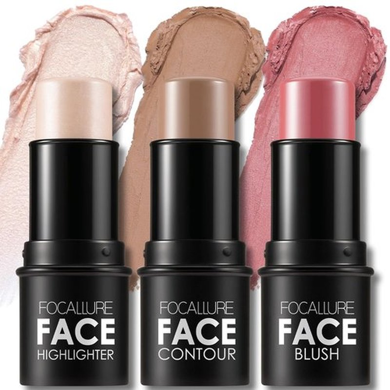 FOCALLURE Cream Contour Sticks Set - 3 Pcs with Highlighter, Bronzer & Blush | Non-Greasy, Long-Wear, Lightweight Finish - Light-Medium