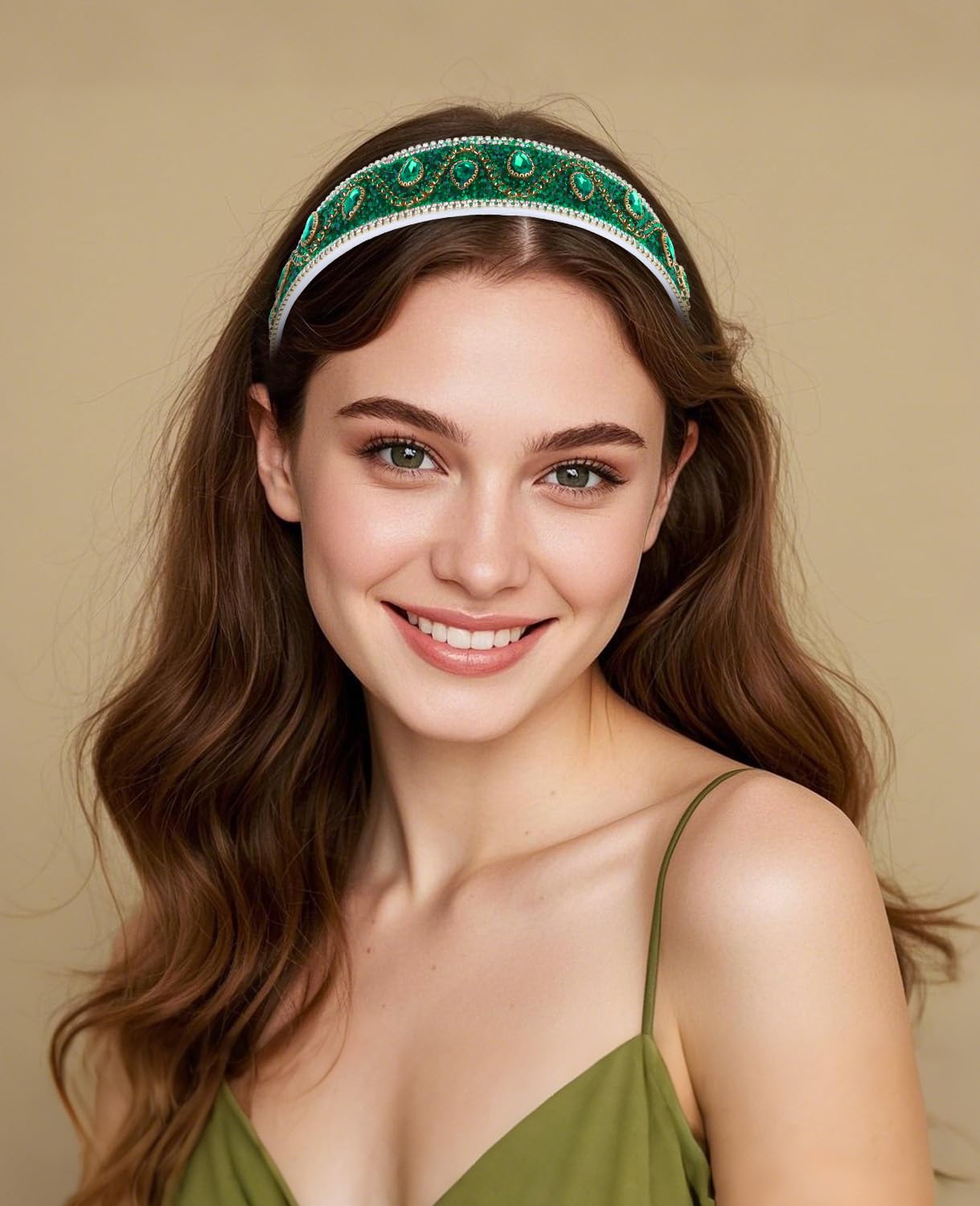 Wecoe Green Rhinestone Headband Women St Patrick's Day Wide Fancy Sparkly Bling Sequin Glitter Crystal Jeweled Diamond Embellished Headband Hairband Holiday Formal Hair Accessories Gifts
