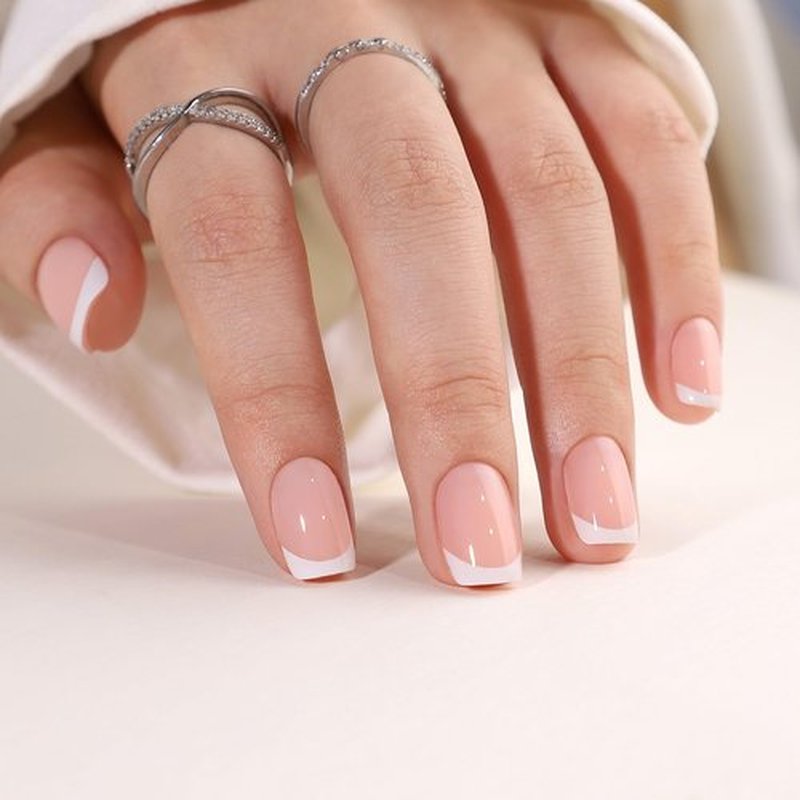 RTKHFZE French Tip Press On Nails - Square Press On Nails Short, Jelly Square False Nails,Natural Fake Nail with Nail Glue, Reusable Glue On Nails in 16 Sizes - 32 Fake Nails Kit for Gift Idea