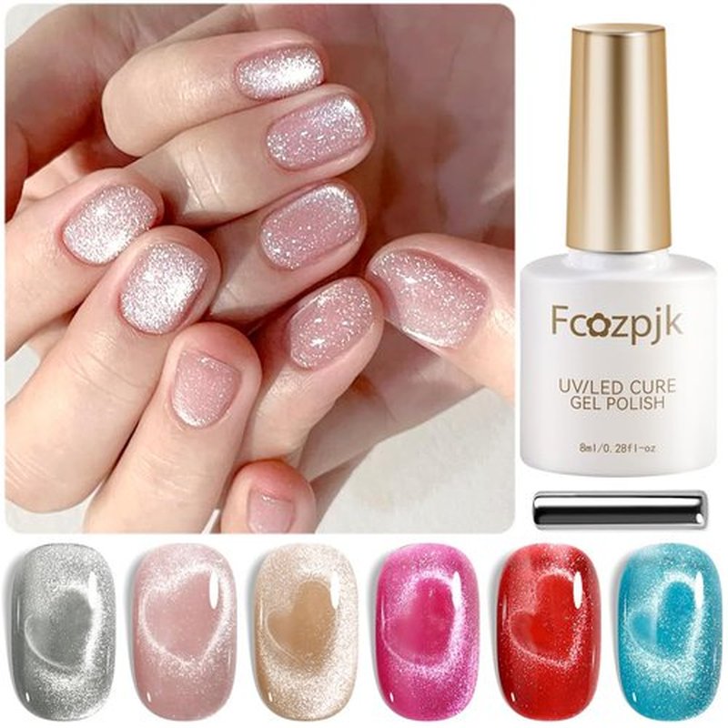 Fcozpjk Cat Eye Gel Nail Polish, Sparkle Glitter Cat Eye Gel Nail Polish Set with Magnet Stick Top & Base Coat, Pink Wine Red Blue Silver Cateye Nail Gel Kit Salon Gel Manicure Supplies 6 Colors