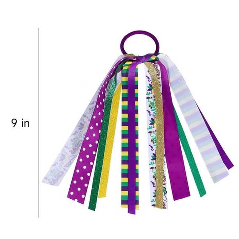 Girls Mardi Gras Ponytail Hair Ribbon Streamer,Gold Green Purple Ribbon Pony Holder Elastic Hair Tie Bands for Women Fat Tuesday Party Costume Dress outfit Pigtail Decor Accessories