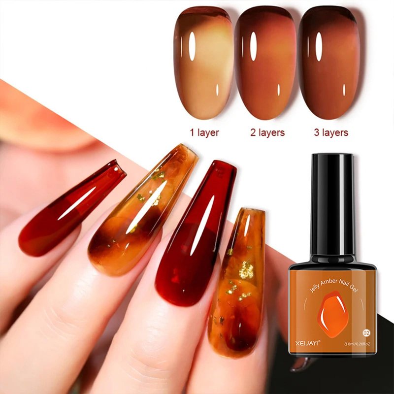 YJLYQF Jelly Amber Gel Polish Set - 6 Translucent Nude Gel Nail Polish, Sheer Tortoise, Red Coral, Burnt Orange, Grey, Amber, Brown - Soak Off UV LED Manicure Art Kit For DIY Home