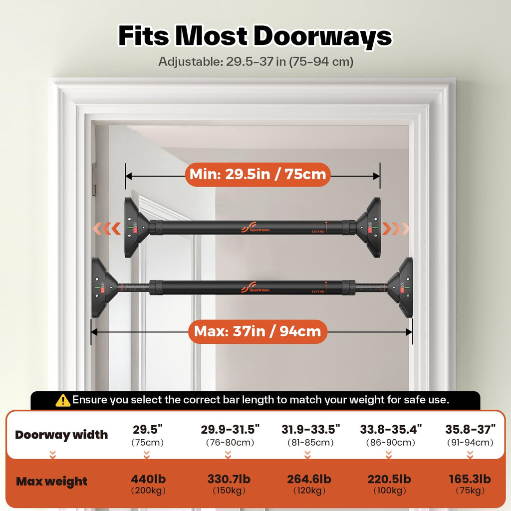 Sportneer Pull Up Bar for Doorway, No-Drill, 29.5-37 in, 440 lb