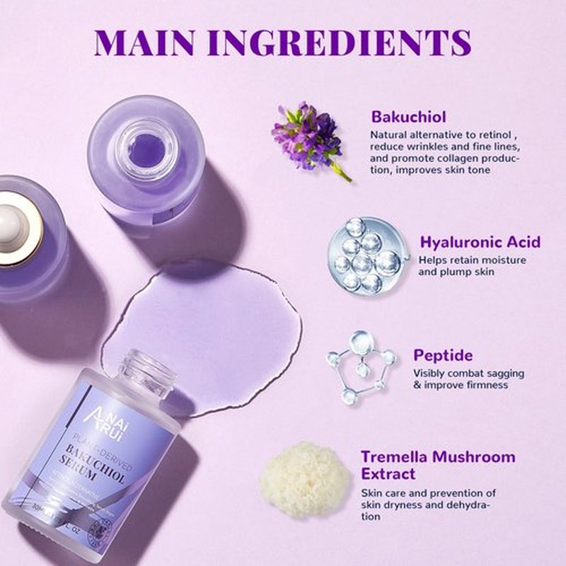 ANAI RUI Bakuchiol Face Serum for Face, Bakuchiol Retinol Alternative Serum,Smoothing Serum with Hyaluronic Acid & Peptide Sensitive Skin Serum, Anti Aging & Wrinkle Serum, 1Fl.Oz