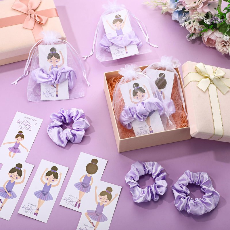 Yinkin 30 Sets Ballerina Party Favors for Girls Hair Scrunchies with Thanks Twirling Cards for Dance School Classroom Ballet Recital Gifts(Purple)