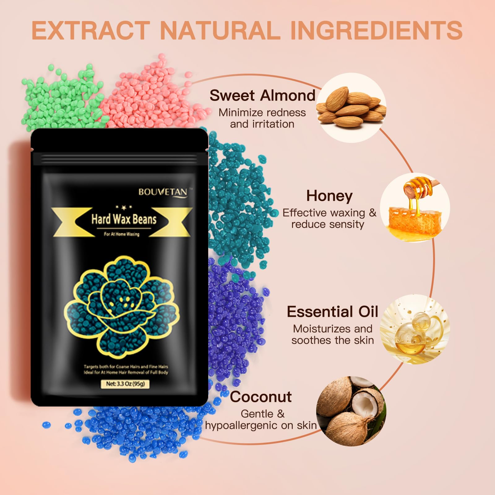 Bouvetan Wax Beads for Hair Removal, 1.3Lb/21oz 6 Packs Hard Wax Beans for Eyebrow, Face, Bikini, Legs, Arms, Full Body Waxing with 10pcs Wax Spatulas