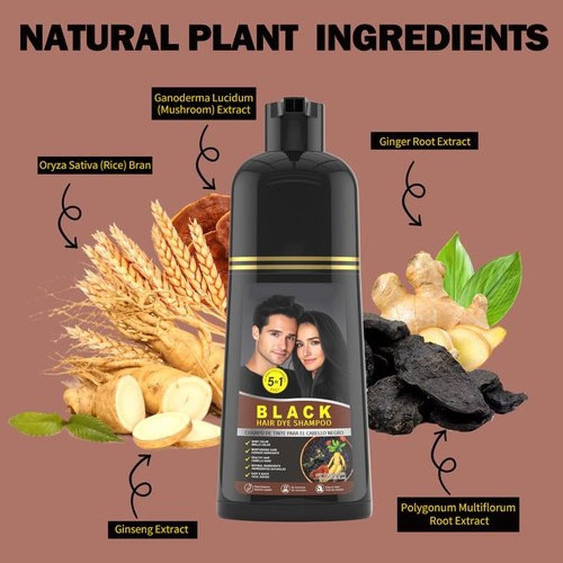 gowwim Black Hair Dye Shampoo, 5-in-1 Hair Dye Shampoo for Women & Men Gray Hair Cover up Semi-Permanent Natural Nourishing Smooth Hair Color Herbal Ingredients Black for Grey Coverage 500ml Ginseng