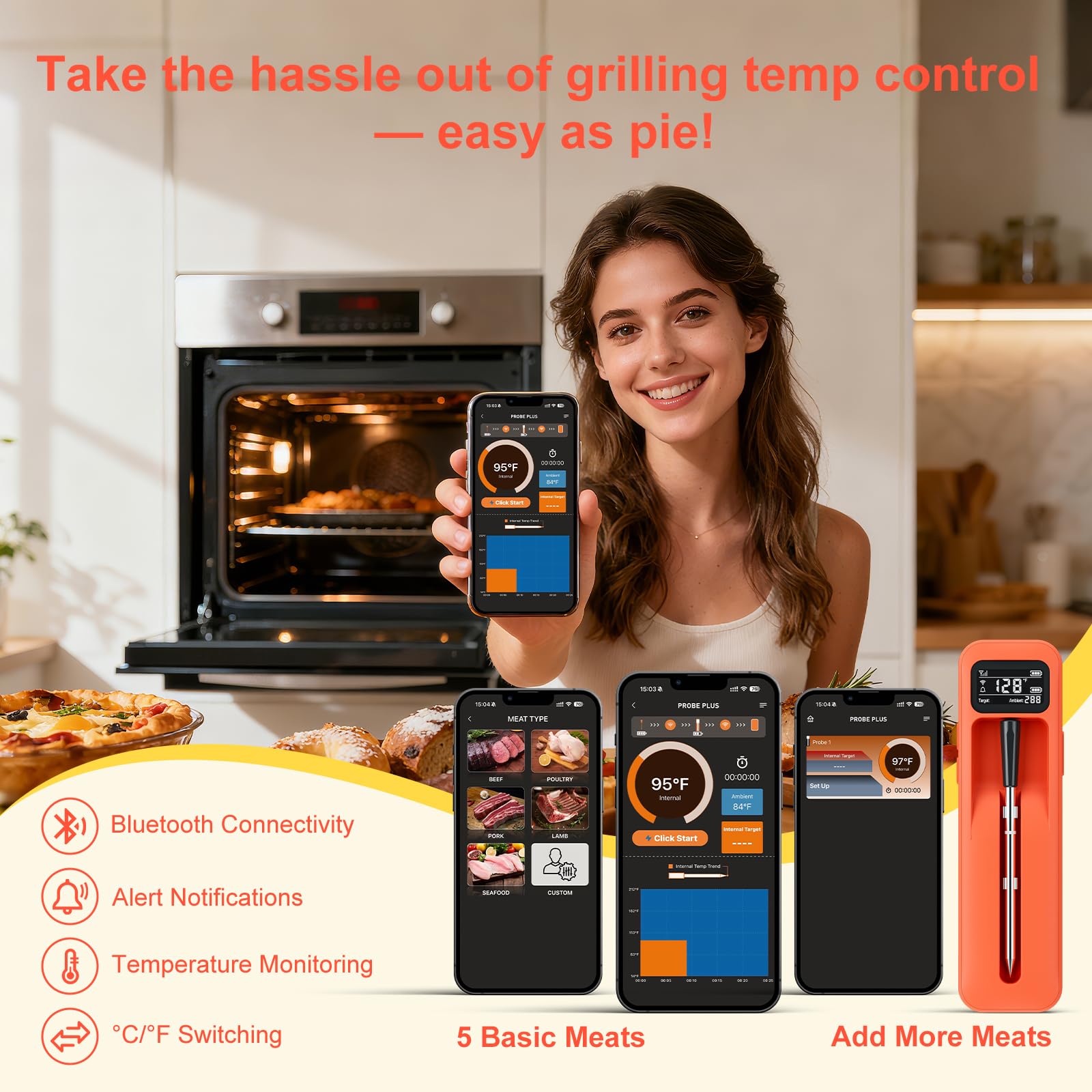 Smart Wireless Digital Meat Thermometer with Ceramic Probe, Food Thermometer Standalone Display Base 3000FT Range Real-time Monitoring ±0.5°F Accuracy,for BBQ/Oven/Grill/Smoker/Air Fryer