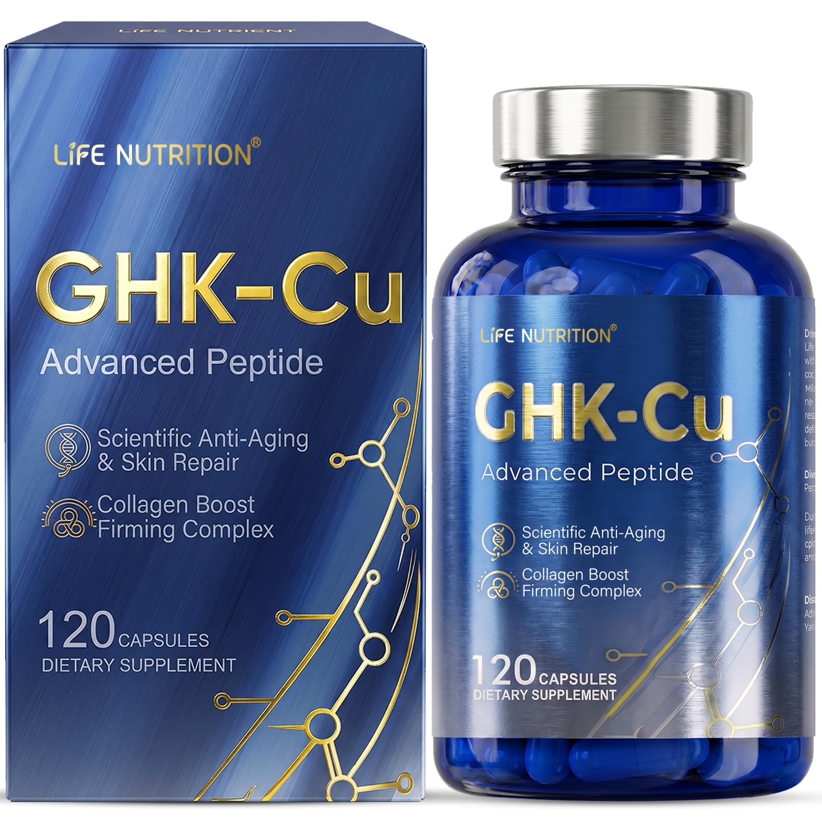 Life Nutrition GHK-Cu Copper Peptide Supplement, 120 Vegan Capsules, High Potency, Promotes Skin Repair, Radiant Skin Elasticity, Anti-Aging & Hair Growth Support