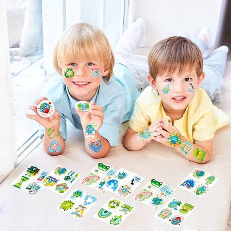 HOWAF 96pcs Earth Day Temporary Tattoos for Earth Day Decorations, Earth Day Tattoo Stickers for Kids, Earth Day Party Favors Environmental Protection Face Tattoos, Blue Green Save Earth Fake Tattoos