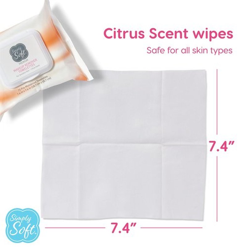Simply Soft Premium Makeup Remover Towelettes 50 Wipes (2 packs of 25 wipes), Citrus Scent Makeup Wipes, Hypoallergenic & pH Balanced Sensitive Skin Cleansing Face Wipes, Non-greasy