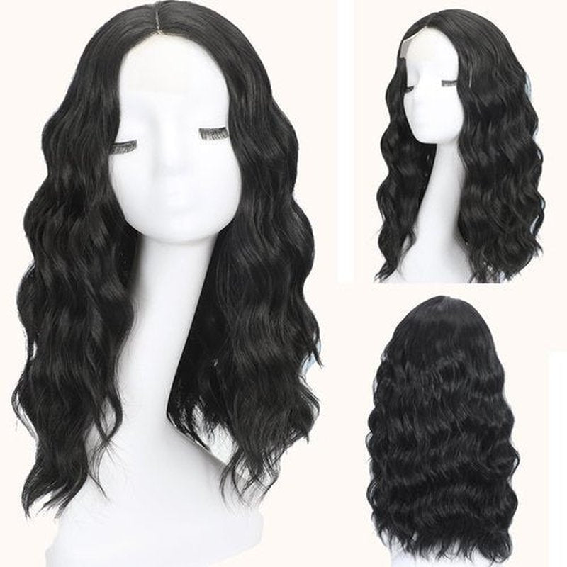 QJBMHH Black Wigs for Women 18 Inch Medium Length Short Wavy Wig Middle Part Synthetic Heat Resistant Natural Looking for Daily Party Halloween Use