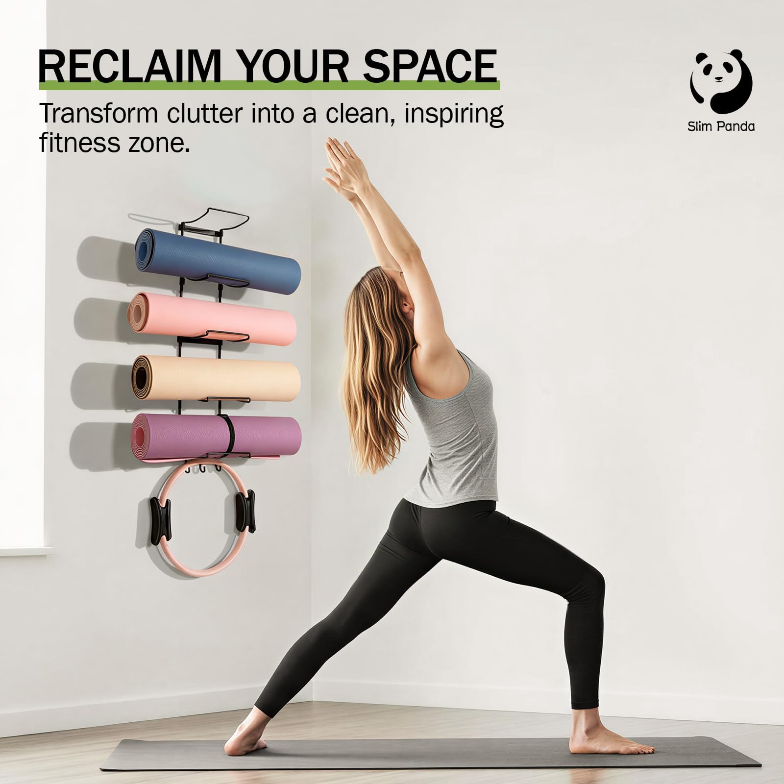 Slim Panda Yoga Mat Holder Wall Mount With Mesh Bag,Yoga Accessories Storage Rack,Home Gym Organizer with 5-Tier & 3 Hooks for Hanging Yoga Mats, Foam Roller, Resistance Bands & Yoga Accessories
