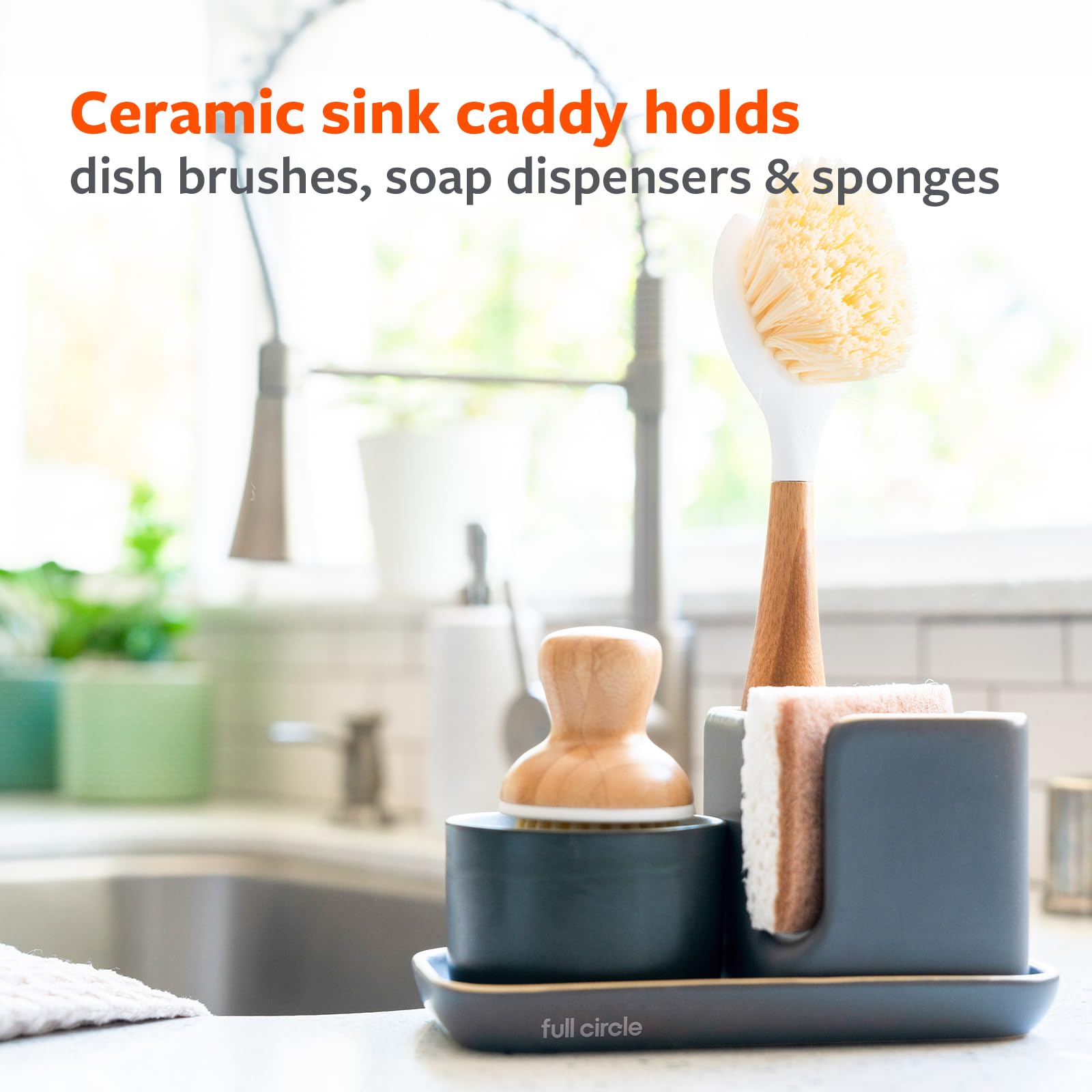 Full Circle Stash, Ceramic Kitchen Sink Caddy, Stylish Modular Sponge Holder & Dish Brush Organizer, Gray and White, 11"