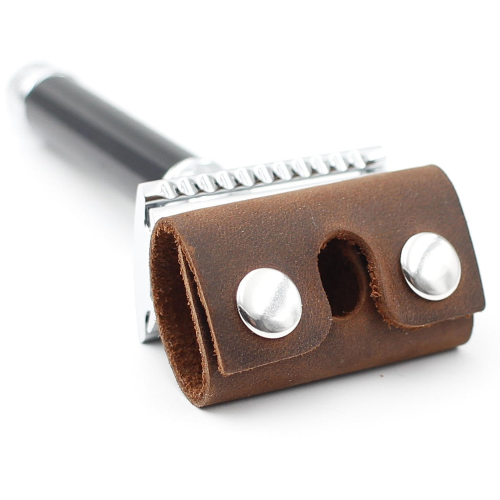 Toprank Leather Safety Razor Case – Genuine Leather Razor Cover for Travel, Fits Most Double Edge Safety Razors, Blade Protector, Snap Closure (Tan, 2-Pack)