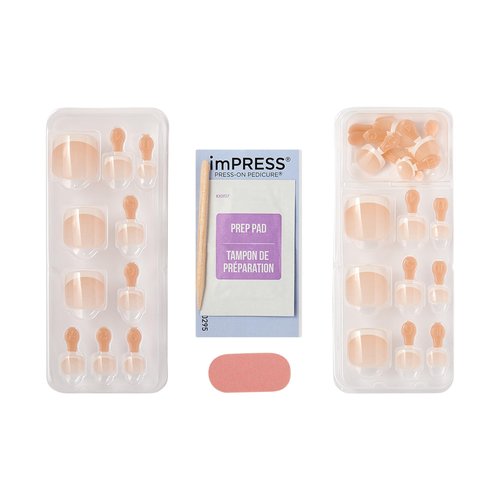 KISS imPRESS Pedicure French Tip Press On Toenails, 'Blanc Chic', White, Short Squoval, Pedicure Nail Kit Includes 24 Press On Toenails, Prep Pad, Mini Nail File, & Pedicure Stick
