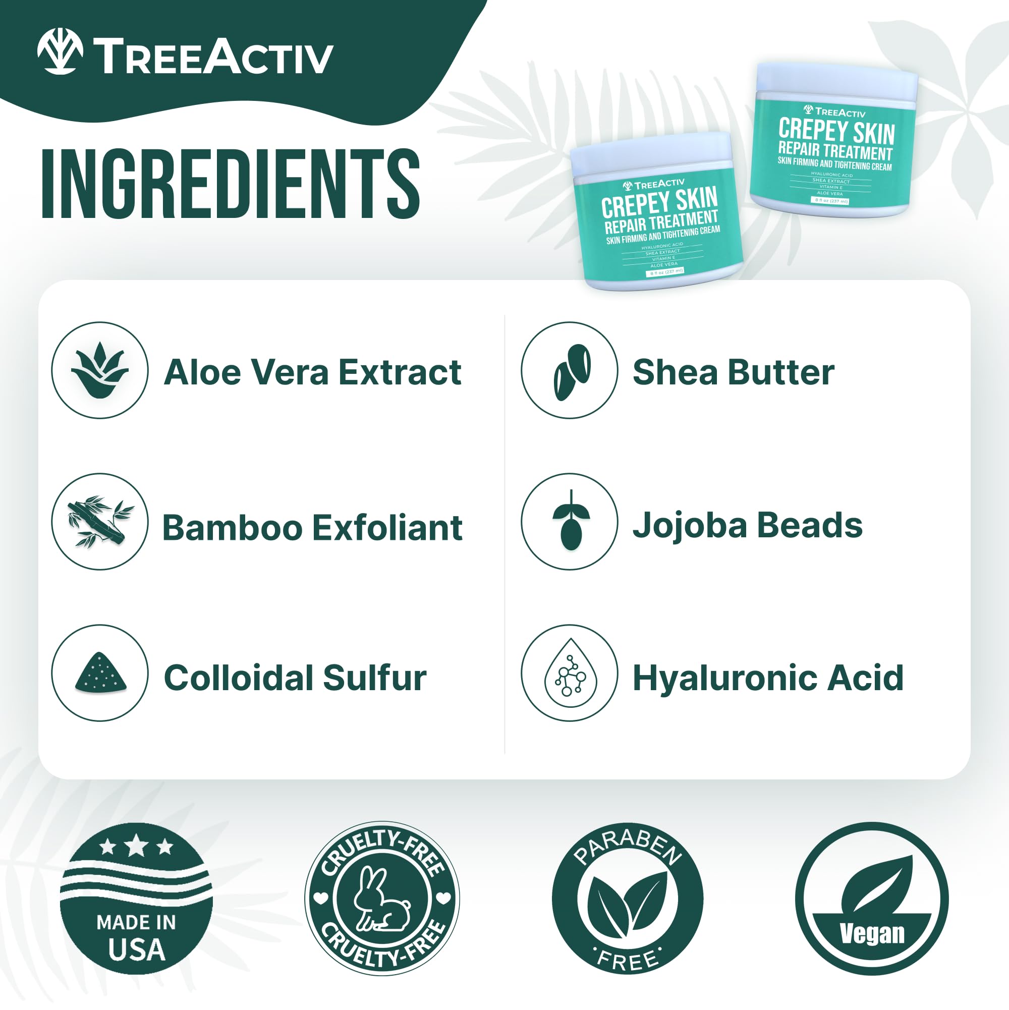 TreeActiv Crepey Skin Repair Cream, 2-Pack, Firming Cream For Face and Neck, Skin Firming and Tightening Lotion with Hyaluronic Acid, Designed to Hydrate Dry, Crepey-Looking Areas, 1000+ Uses