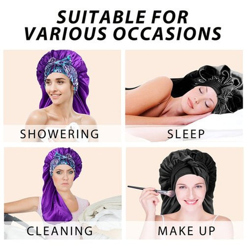 2Pcs Bonnets for Women Sleeping Braid Bonnet, Large Long Satin Silk Bonnet for Braids, Black Women Braid Bonnets with Stretchy Tie Band for Sleeping Extra Long (Black & Purple Pattern)