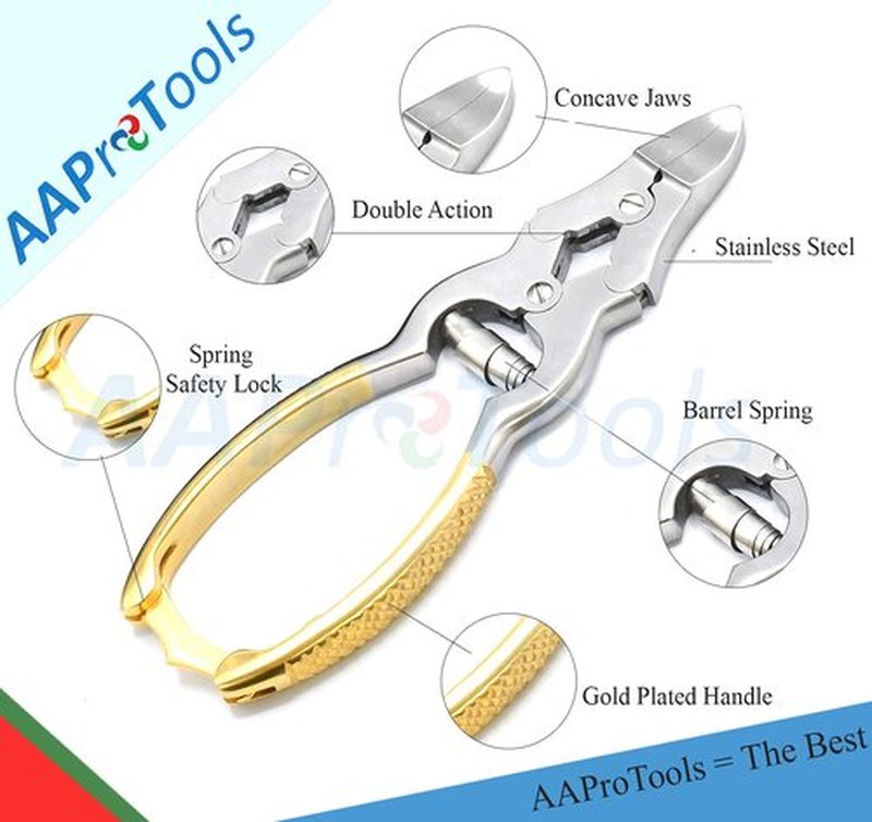 AAProTools Mycotic Toe Nail Nipper Cutters Clippers Gold- Double Action Heavy Duty Spring Barrel Podiatry Professional Pedicuretool for Thick Nails, Ingrown Toenails, Seniors