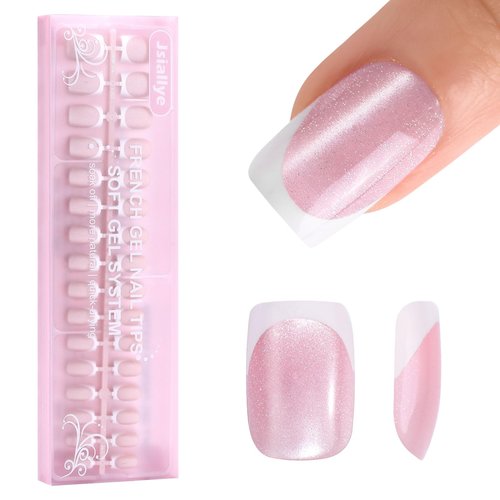 Jsiallye Cat Eye Press On Nails,160Pcs Pink Glitter Base French Tip Cat Eye Short Square Press On Nails,Salon Quality Fake Nails Soak Off Soft Gel Nail Tips Extension For 16 Sizes