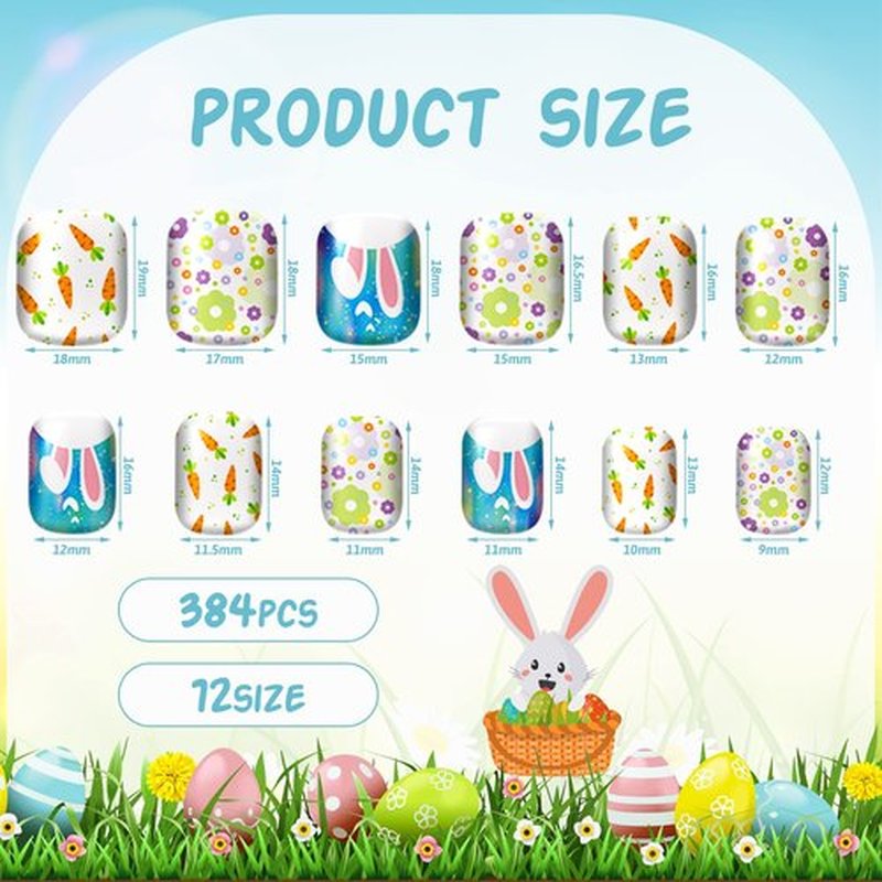 384 Pcs 16 Pack Easter Press on Nails Short Fake Nails Easter Square False Nails Artificial Nail Full Cover Coffin with Rabbit Egg Pattern for Women Girls (Bunny Pattern)
