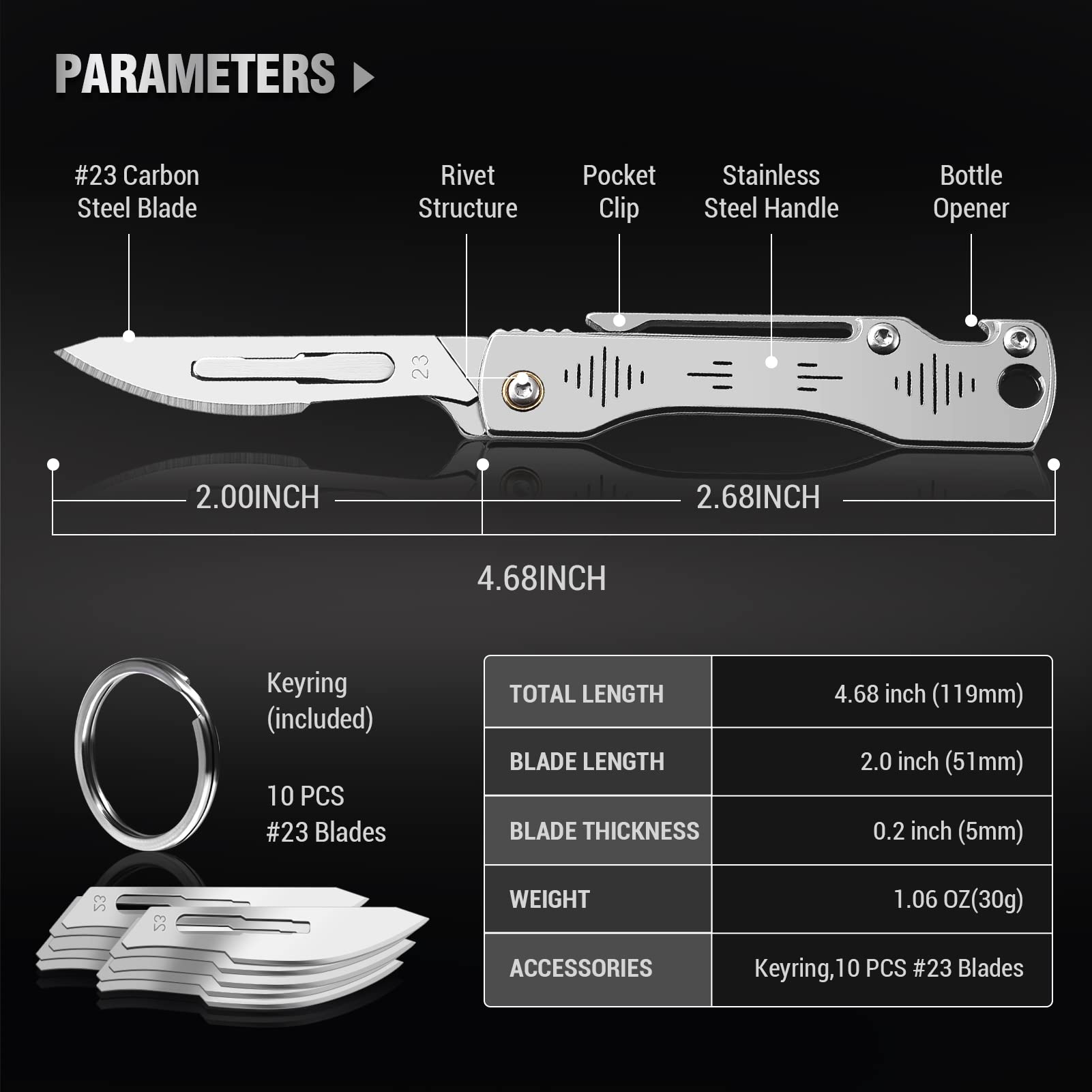 ITOKEY Folding Scalpel Knife, Scalpel Pocket Knife, Scalpels Surgical with 10pcs #23 Replaceable Razor Blades, Bottle Opener - Bread Lame Dough Scoring Tool, EDC Utility Knives, Small Keychain Knives for Men Outdoor Skinning